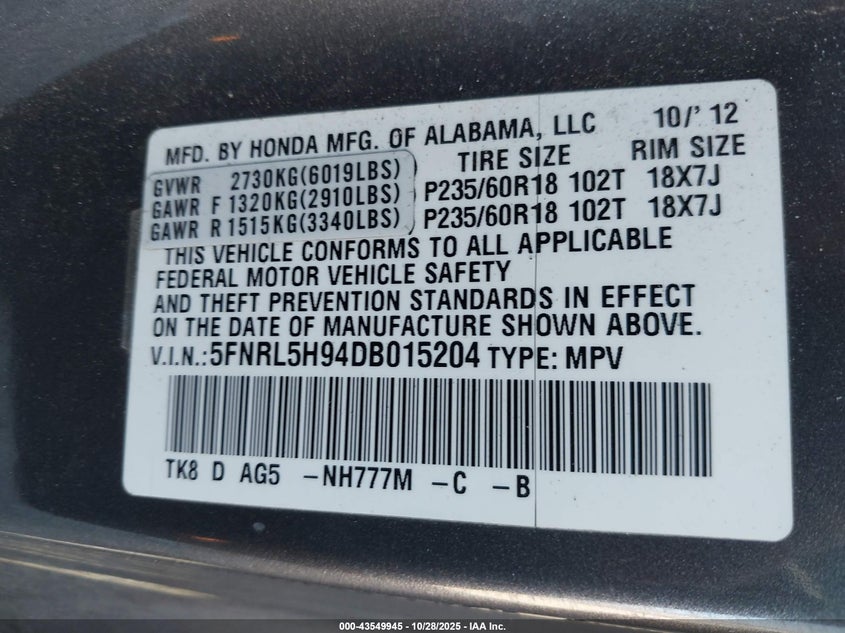 5FNRL5H94DB015204 2013 HONDA ODYSSEY photo no. 9