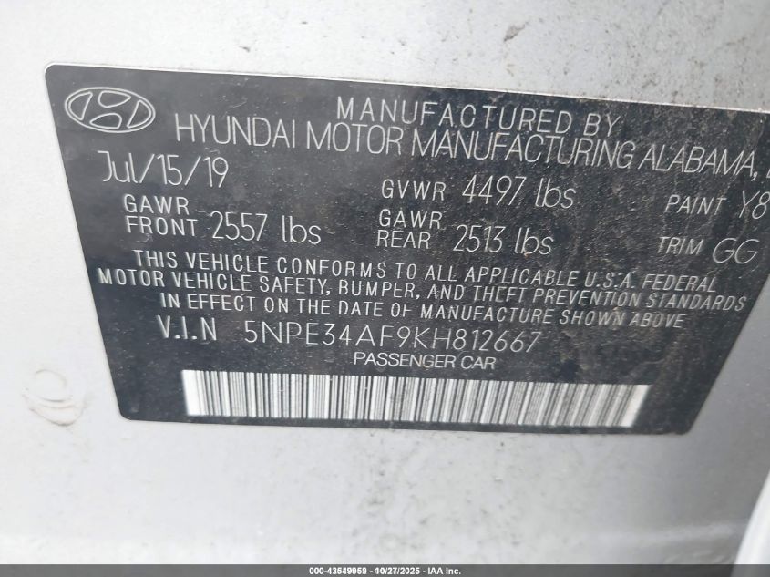 2019 Hyundai Sonata Sel VIN: 5NPE34AF9KH812667 Lot: 43549959