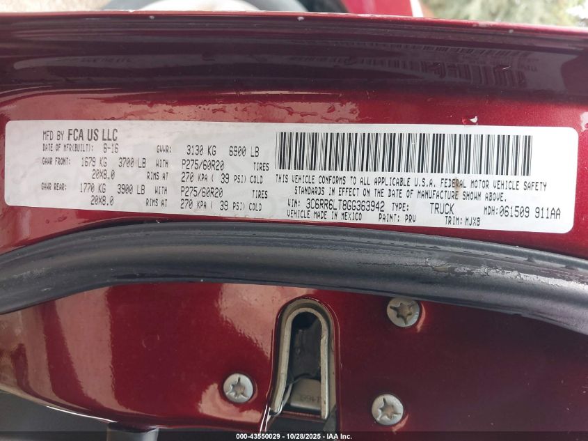 2016 Ram 1500 Slt VIN: 3C6RR6LT8GG363942 Lot: 43550029