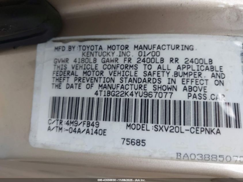 2000 Toyota Camry Le VIN: 4T1BG22K4YU967077 Lot: 43550030