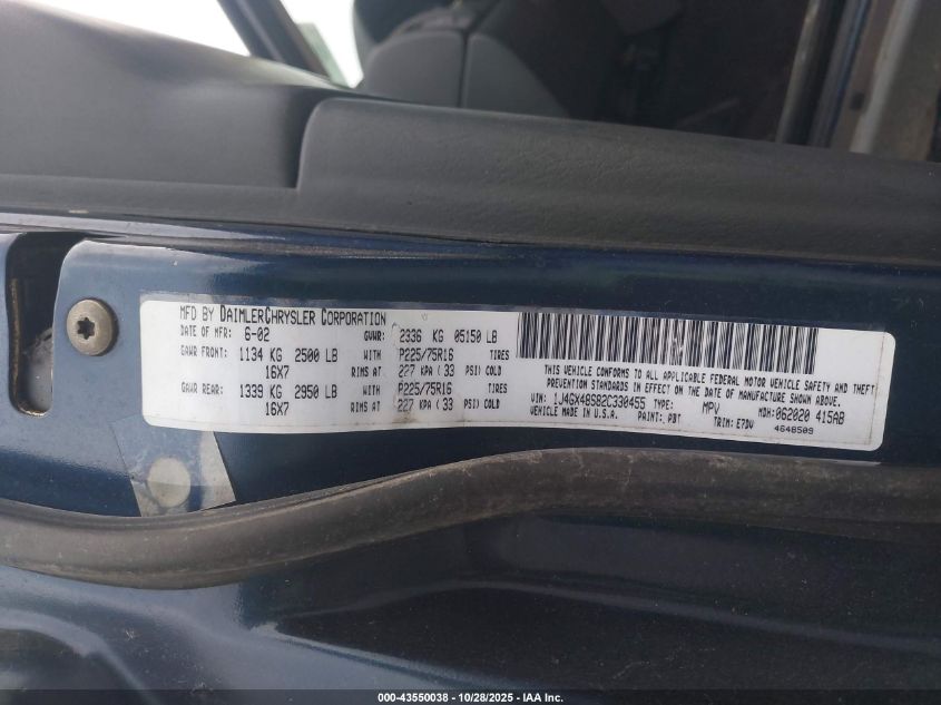 2002 Jeep Grand Cherokee Laredo VIN: 1J4GX48S82C330455 Lot: 43550038