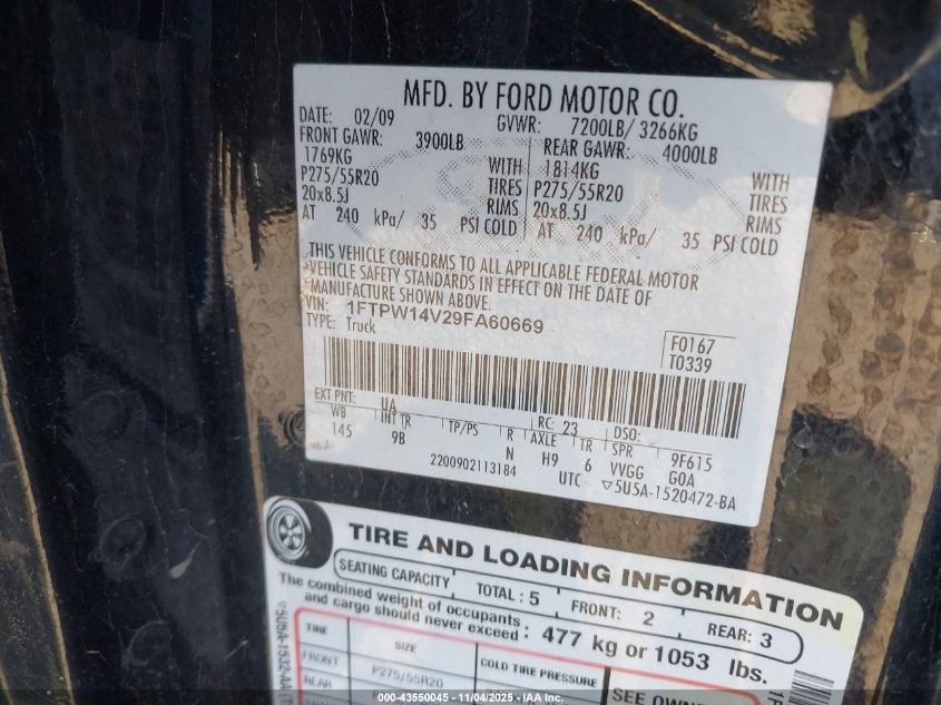 2009 Ford F-150 Fx4/King Ranch/Lariat/Platinum/Xl/Xlt VIN: 1FTPW14V29FA60669 Lot: 43550045