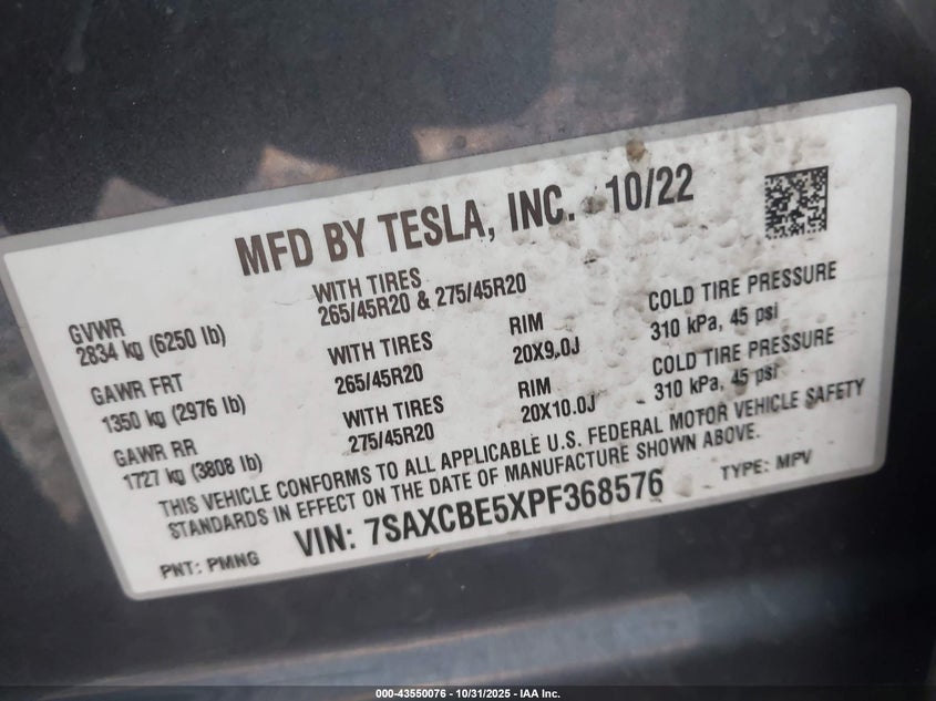 2023 Tesla Model X Dual Motor All-Wheel Drive/Standard Range VIN: 7SAXCBE5XPF368576 Lot: 43550076