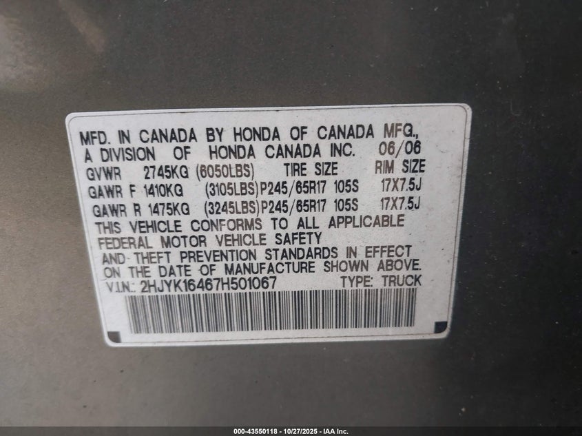 2007 Honda Ridgeline Rts VIN: 2HJYK16467H501067 Lot: 43550118