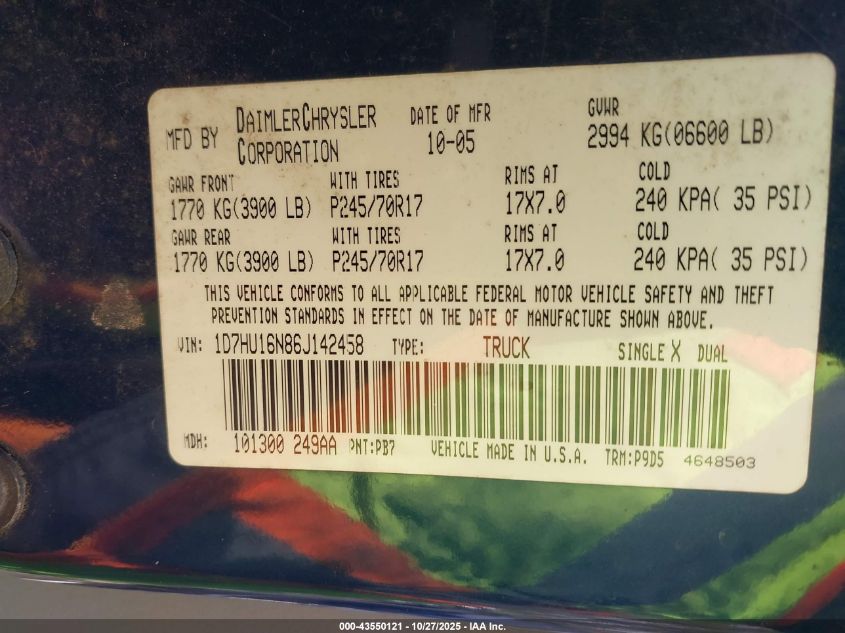 2006 Dodge Ram 1500 St VIN: 1D7HU16N86J142458 Lot: 43550121