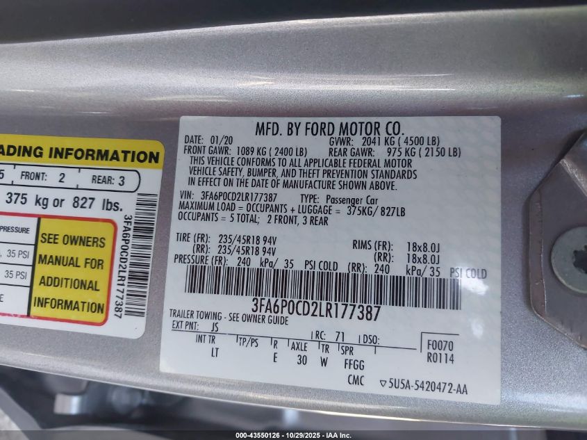 2020 Ford Fusion Sel VIN: 3FA6P0CD2LR177387 Lot: 43550126