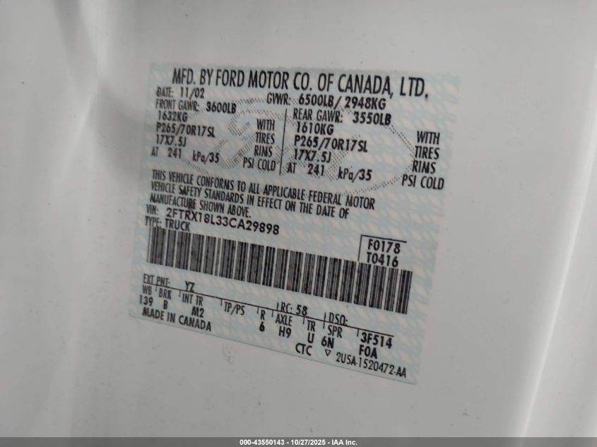 2003 Ford F-150 Lariat/Xl/Xlt VIN: 2FTRX18L33CA29898 Lot: 43550143