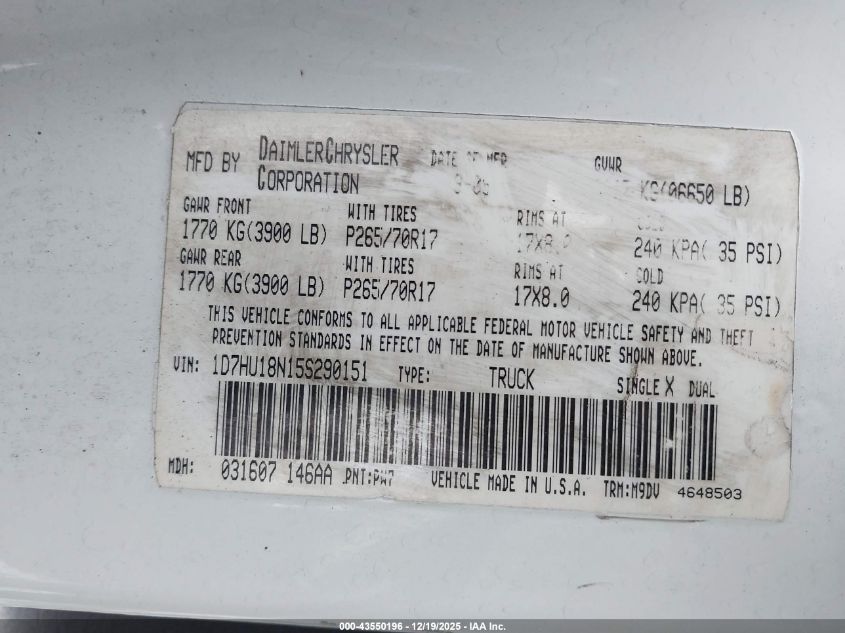 2005 Dodge Ram 1500 Slt/Laramie VIN: 1D7HU18N15S290151 Lot: 43550196