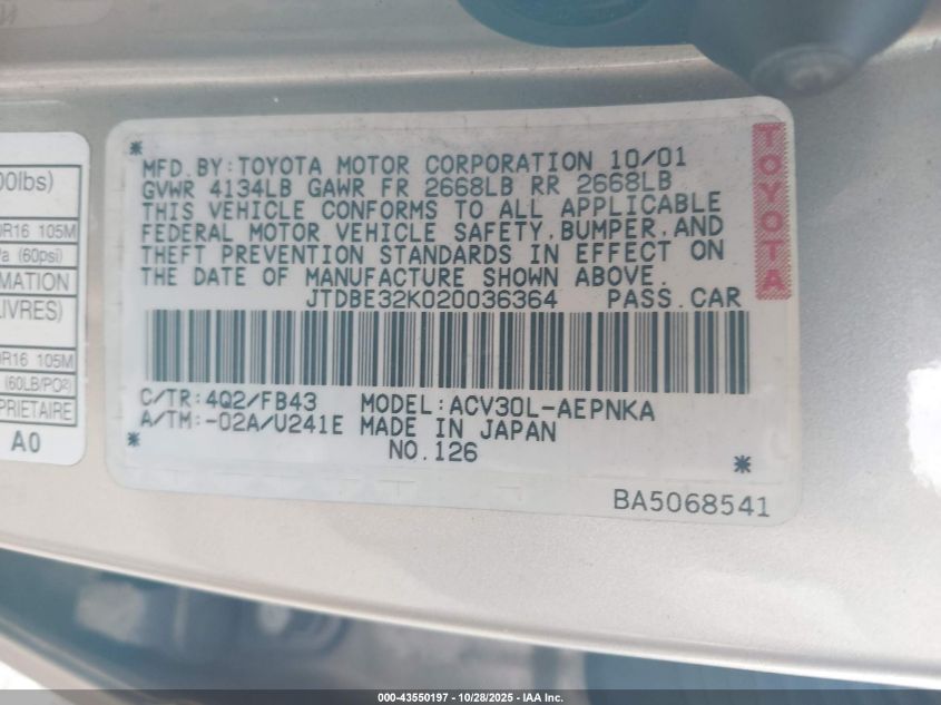 2002 Toyota Camry Le/Se/Xle VIN: JTDBE32K020036364 Lot: 43550197