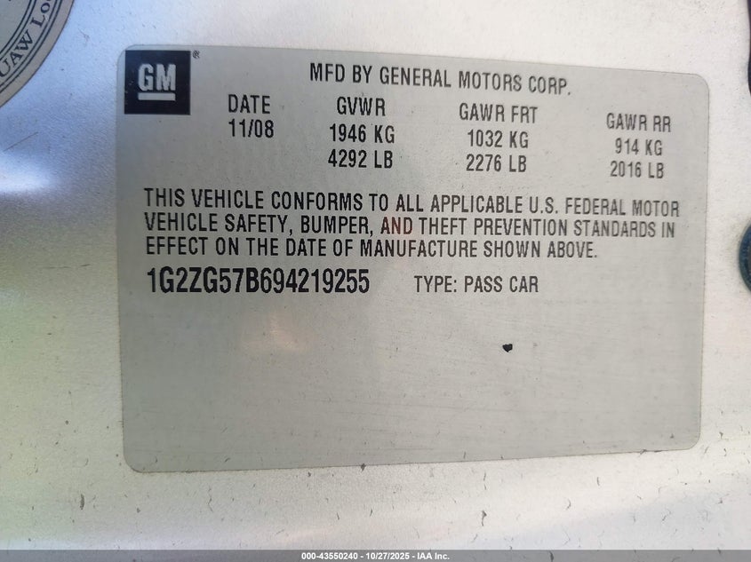 2009 Pontiac G6 VIN: 1G2ZG57B694219255 Lot: 43550240