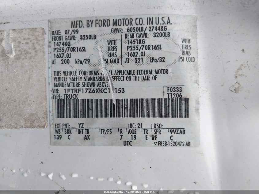 1999 Ford F-150 Lariat/Work Series/Xl/Xlt VIN: 1FTRF17Z6XKC11153 Lot: 43550262