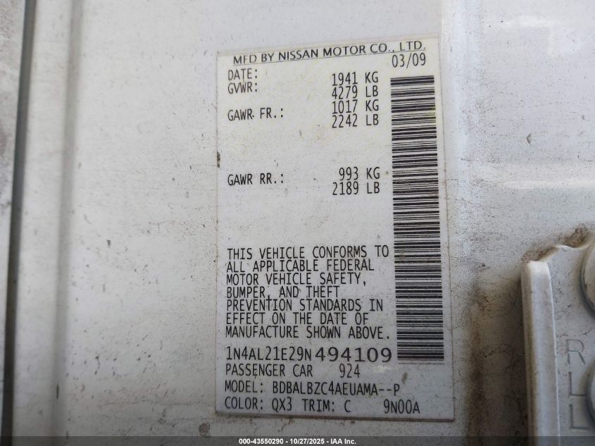 2009 Nissan Altima 2.5 S VIN: 1N4AL21E29N494109 Lot: 43550290