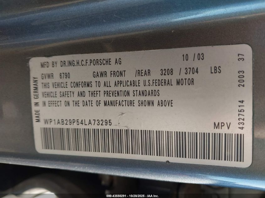 2004 Porsche Cayenne S VIN: WP1AB29P54LA73295 Lot: 43550291