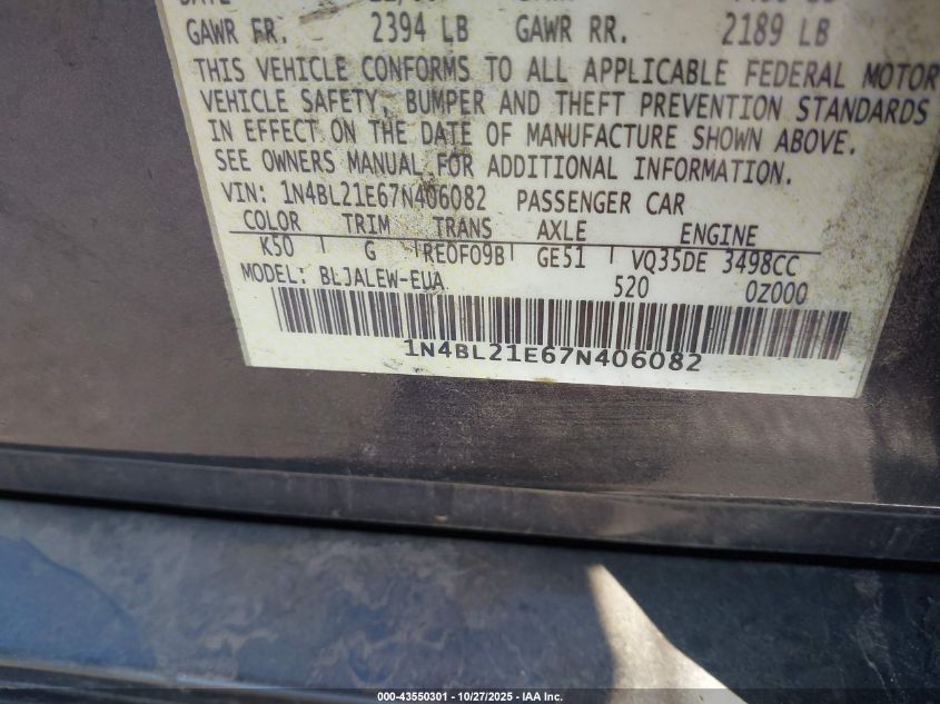 2007 Nissan Altima 3.5 Sl VIN: 1N4BL21E67N406082 Lot: 43550301