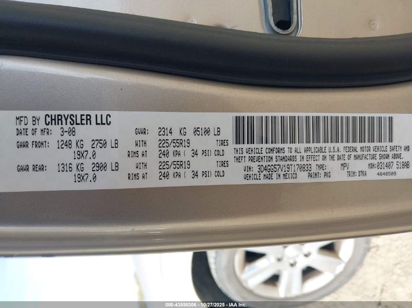 2009 Dodge Journey Sxt VIN: 3D4GG57V19T170833 Lot: 43550306