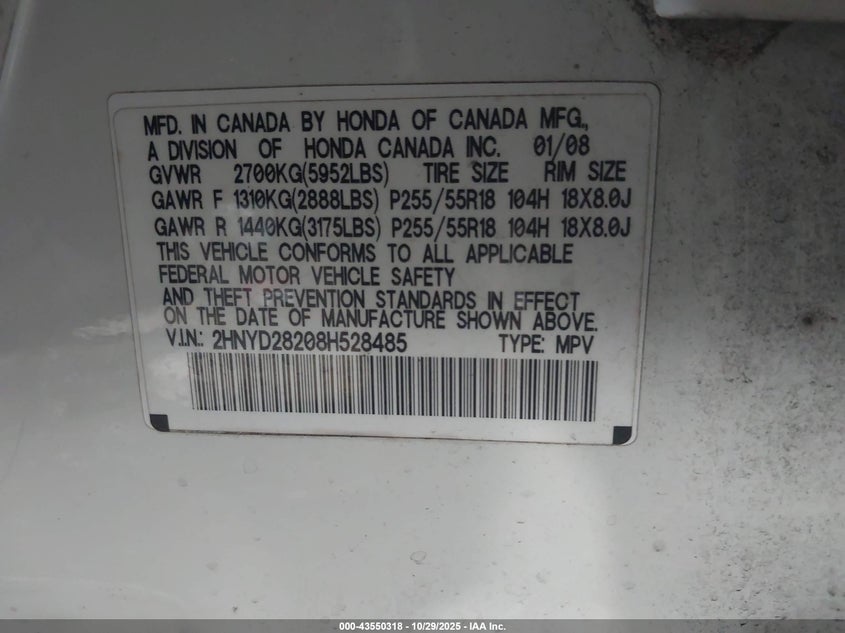 2008 Acura Mdx VIN: 2HNYD28208H528485 Lot: 43550318