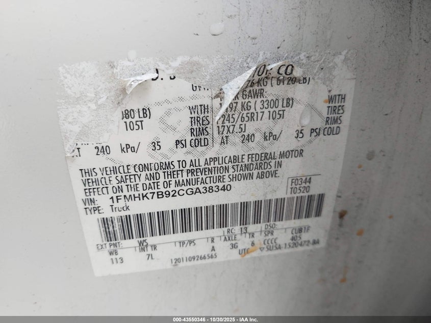 1FMHK7B92CGA38340 2012 FORD EXPLORER photo no. 9