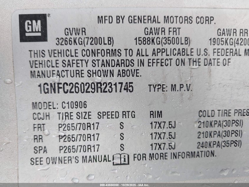 2009 Chevrolet Suburban 1500 Lt2 VIN: 1GNFC26029R231745 Lot: 43550358