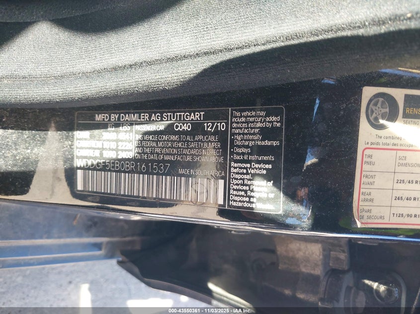 2011 Mercedes-Benz C 300 Sport VIN: WDDGF5EB0BR161537 Lot: 43550361