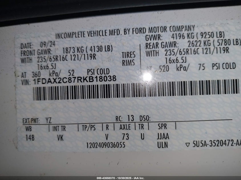 2024 Ford Transit-350 Passenger Van Xl VIN: 1FDAX2C87RKB18038 Lot: 43550370