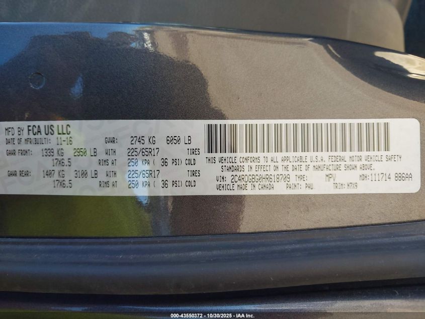 2017 Dodge Grand Caravan Se Plus VIN: 2C4RDGBG0HR618709 Lot: 43550372