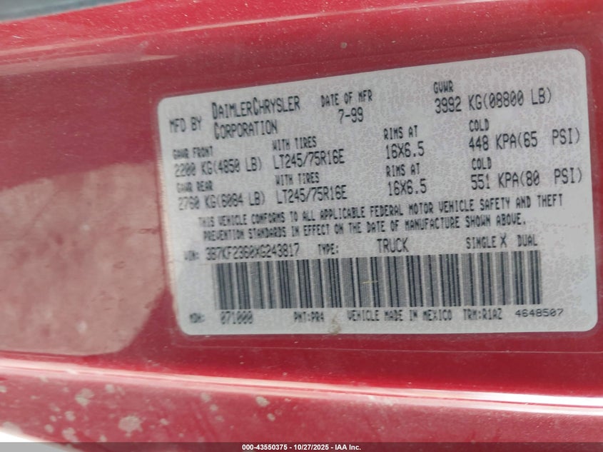 1999 Dodge Ram 2500 St VIN: 3B7KF2360XG243817 Lot: 43550375