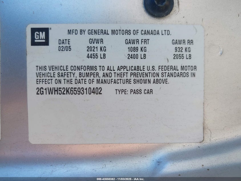 2005 Chevrolet Impala Ls VIN: 2G1WH52K659310402 Lot: 43550382