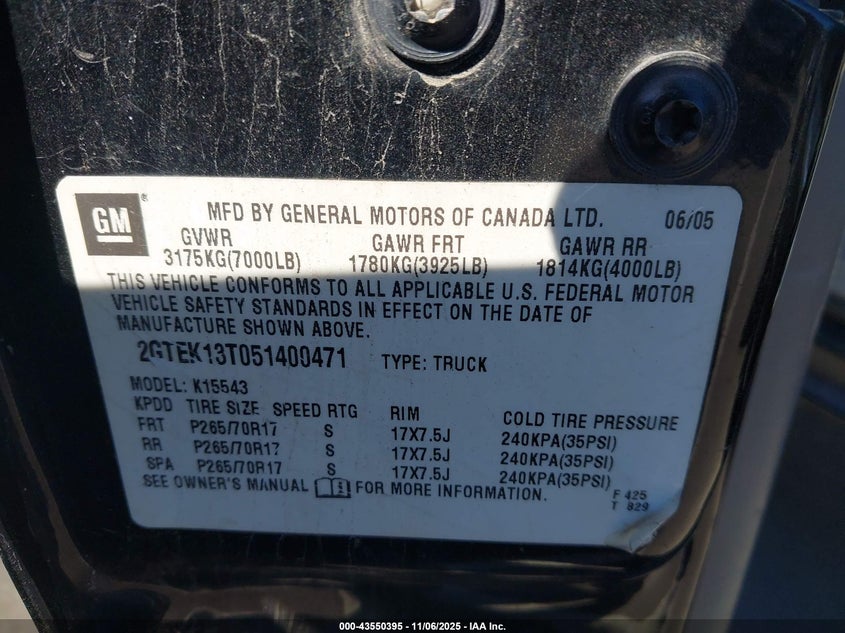 2005 GMC Sierra 1500 Slt VIN: 2GTEK13T051400471 Lot: 43550395