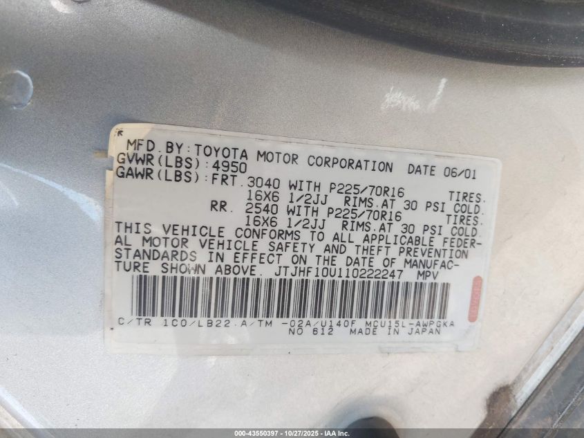 2001 Lexus Rx 300 VIN: JTJHF10U110222247 Lot: 43550397