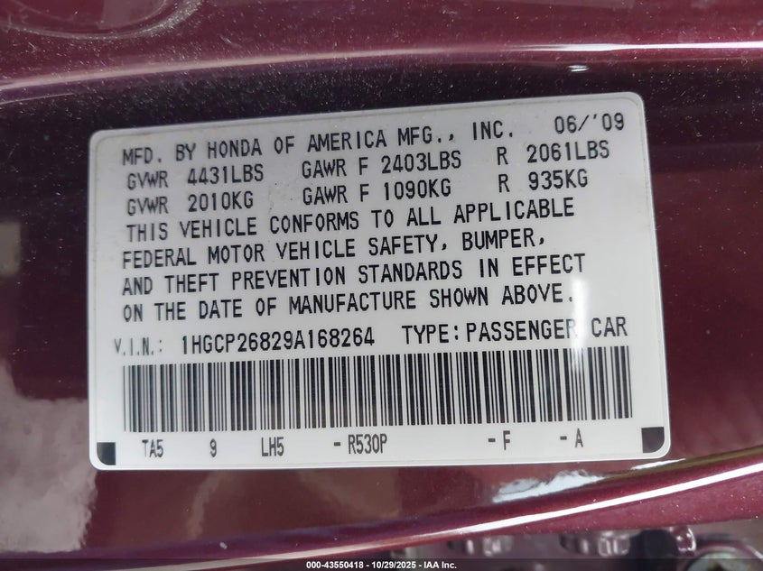 1HGCP26829A168264 2009 HONDA ACCORD photo no. 9