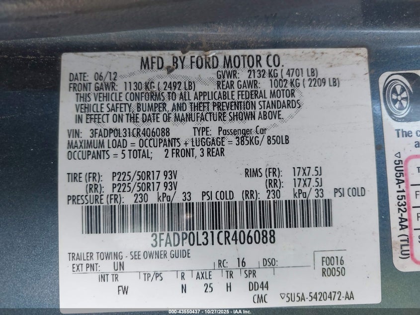 3FADP0L31CR406088 2012 FORD FUSION photo no. 9