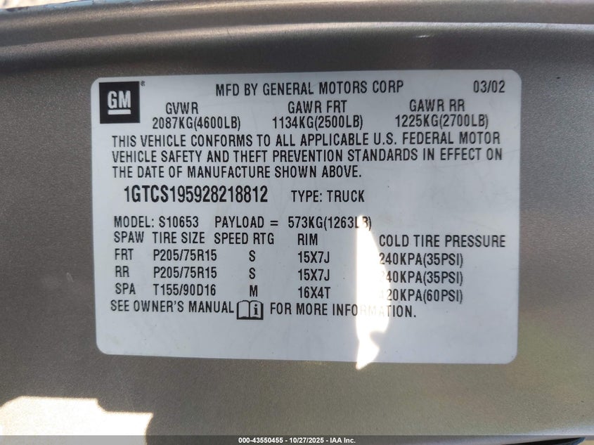 2002 GMC Sonoma Sl VIN: 1GTCS195928218812 Lot: 43550455