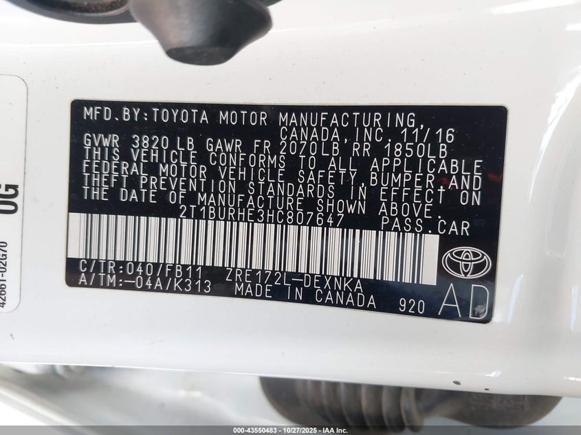 2017 TOYOTA COROLLA LE 2T1BURHE3HC807647