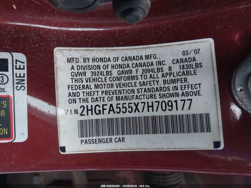 2HGFA555X7H709177 2007 HONDA CIVIC photo no. 9