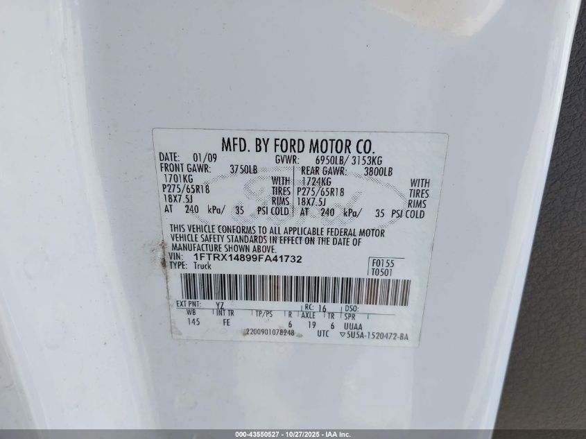 2009 Ford F-150 Stx/Xl/Xlt VIN: 1FTRX14899FA41732 Lot: 43550527