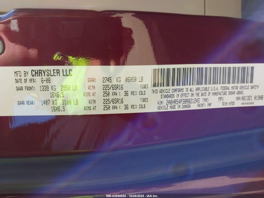 2008 Chrysler Town & Country Touring VIN: 2A8HR54P38R821245 Lot: 43550554