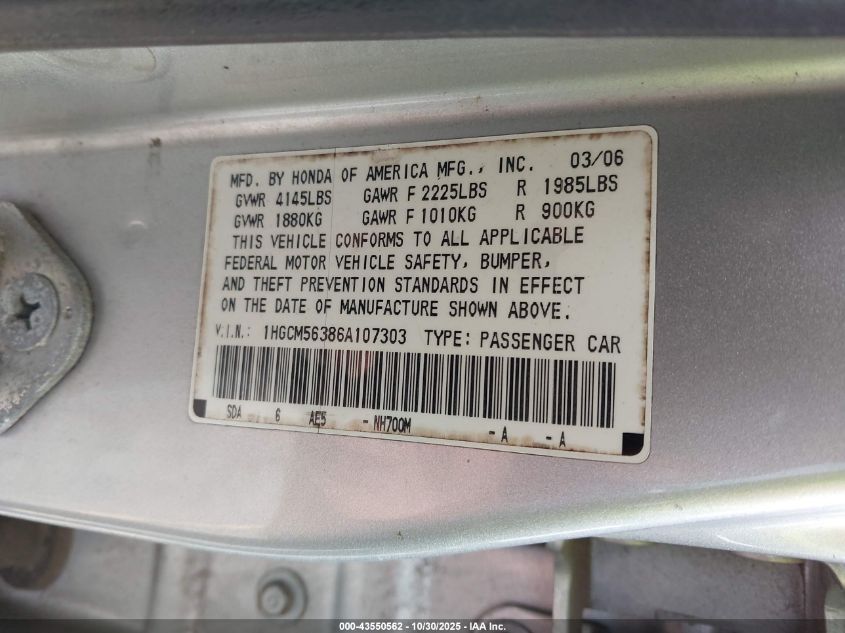 2006 Honda Accord 2.4 Se VIN: 1HGCM56386A107303 Lot: 43550562
