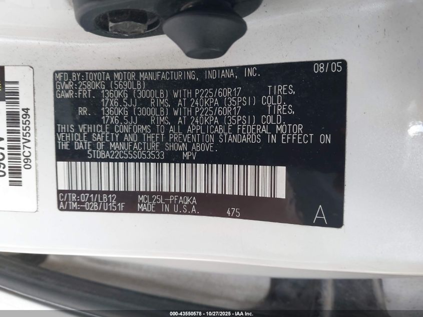 2005 Toyota Sienna Xle Limited VIN: 5TDBA22C55S053533 Lot: 43550578