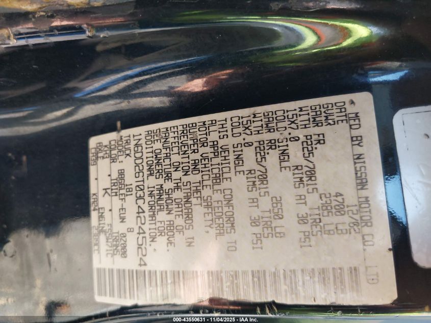 2003 Nissan Frontier Xe VIN: 1N6DD26T03C424524 Lot: 43550631