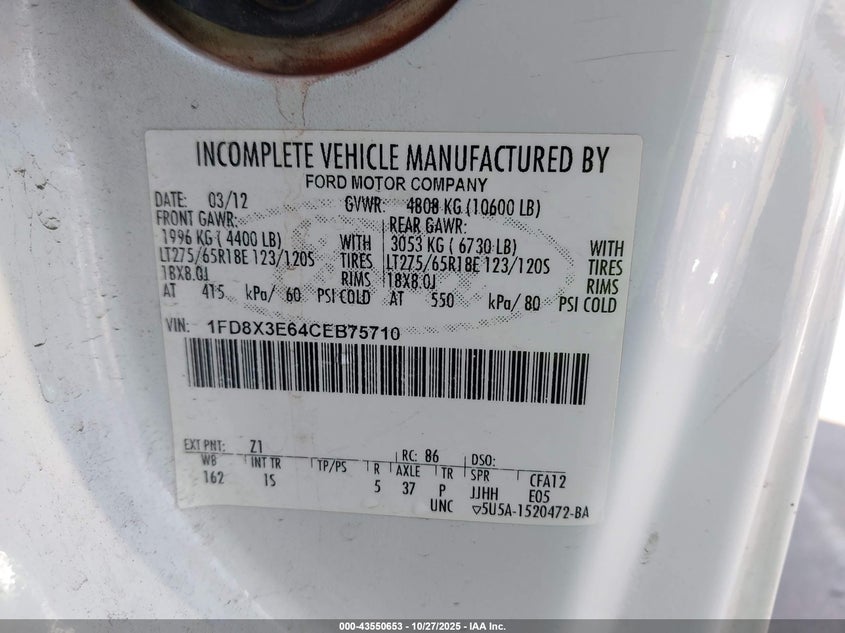 2012 Ford F-350 Chassis Xl VIN: 1FD8X3E64CEB75710 Lot: 43550653