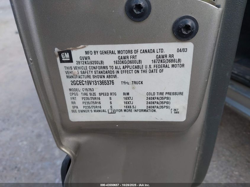 2003 Chevrolet Silverado 1500 Ls VIN: 2GCEC19V131365376 Lot: 43550657