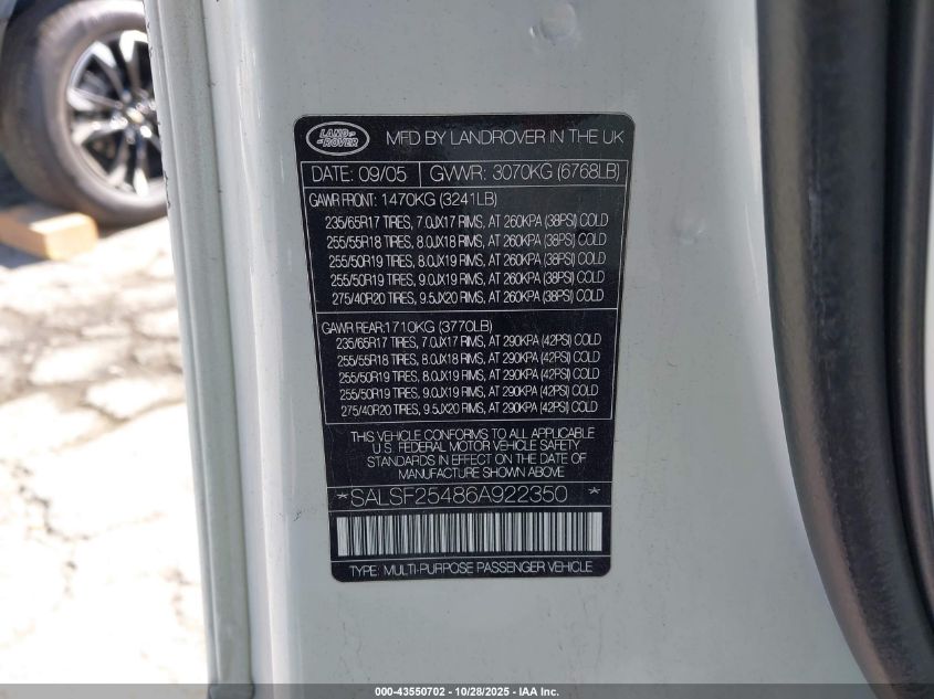 2006 Land Rover Range Rover Sport Hse VIN: SALSF25486A922350 Lot: 43550702