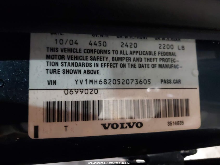 2005 Volvo S40 T5 Awd VIN: YV1MH682052073605 Lot: 43550706