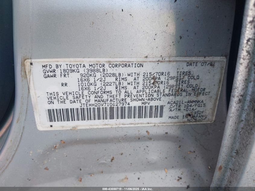 2001 Toyota Rav4 VIN: JTEHH20V71012974 Lot: 43550719