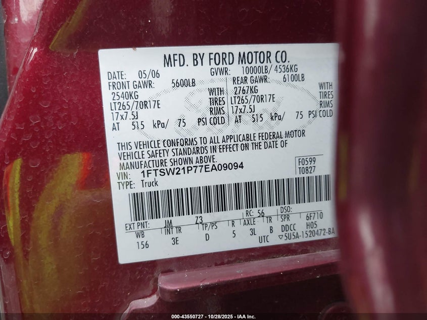 2007 Ford F-250 Lariat/Xl/Xlt VIN: 1FTSW21P77EA09094 Lot: 43550727