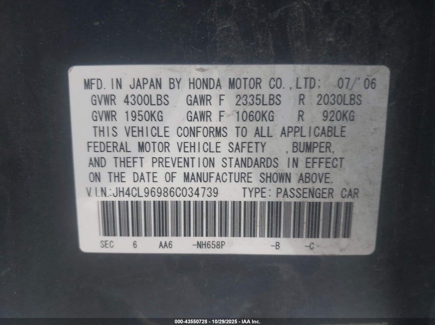2006 Acura Tsx VIN: JH4CL96986C034739 Lot: 43550728