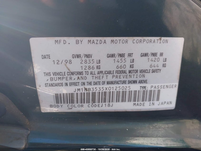1999 Mazda Mx-5 Miata Leather Pkg/Popular Equipment Pkg/Sports Pkg/Touring Pkg VIN: JM1NB3535X0125025 Lot: 43550730