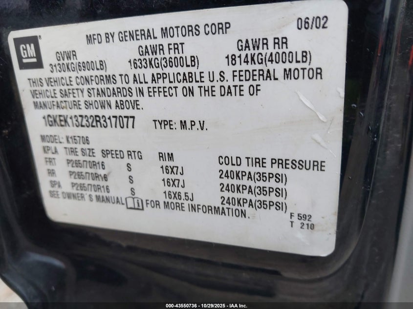 2002 GMC Yukon Slt VIN: 1GKEK13Z32R317077 Lot: 43550736