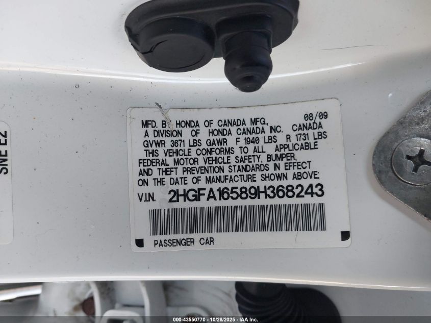 2009 Honda Civic Lx VIN: 2HGFA16589H368243 Lot: 43550770