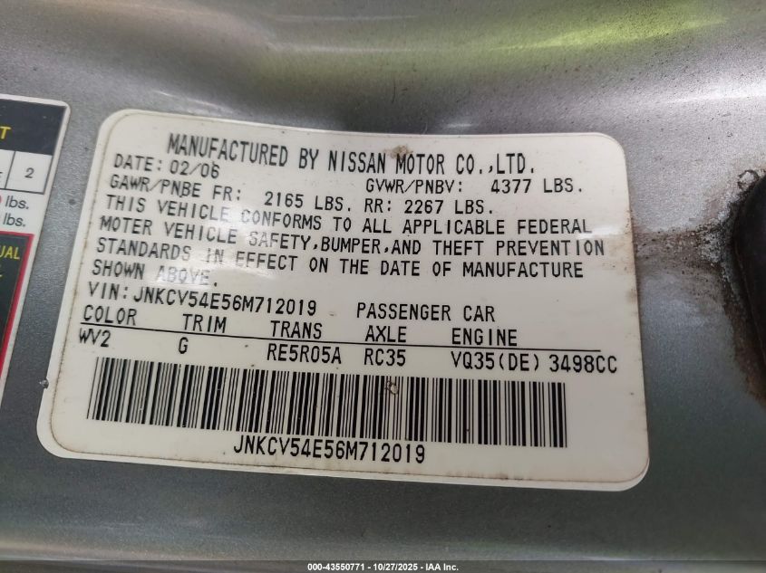 2006 Infiniti G35 VIN: JNKCV54E56M712019 Lot: 43550771